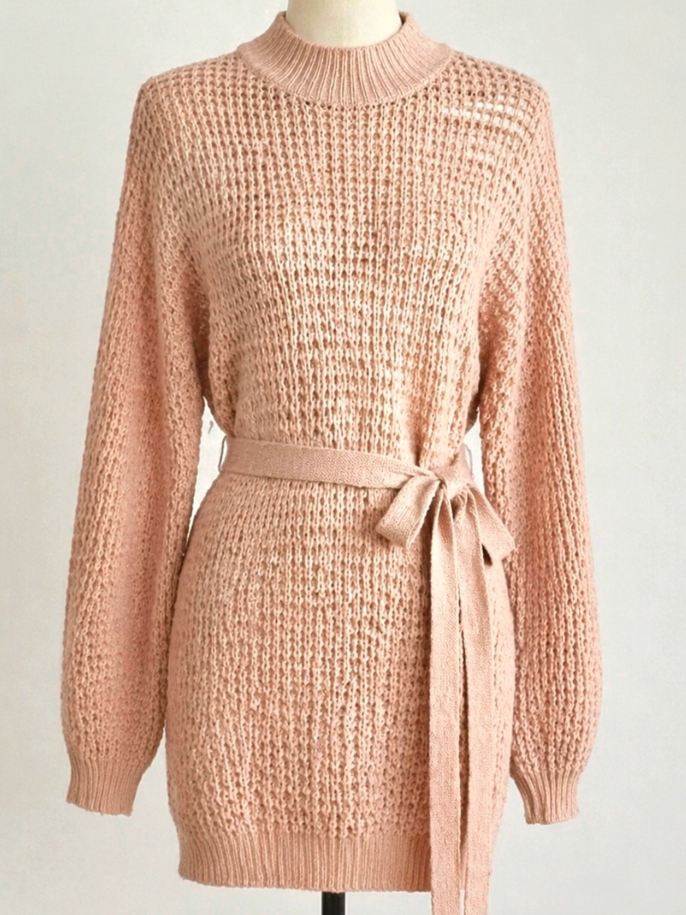 PrettyLittleThing Blush Pink Belted Cable Knit Turtleneck Midi Dress